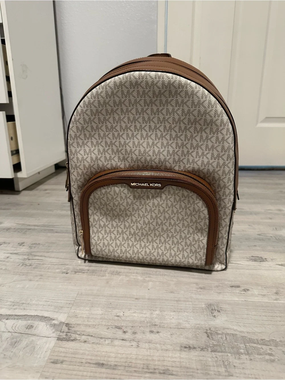 Michael Kors Vanilla MK Logo Backpack with Brown Trim